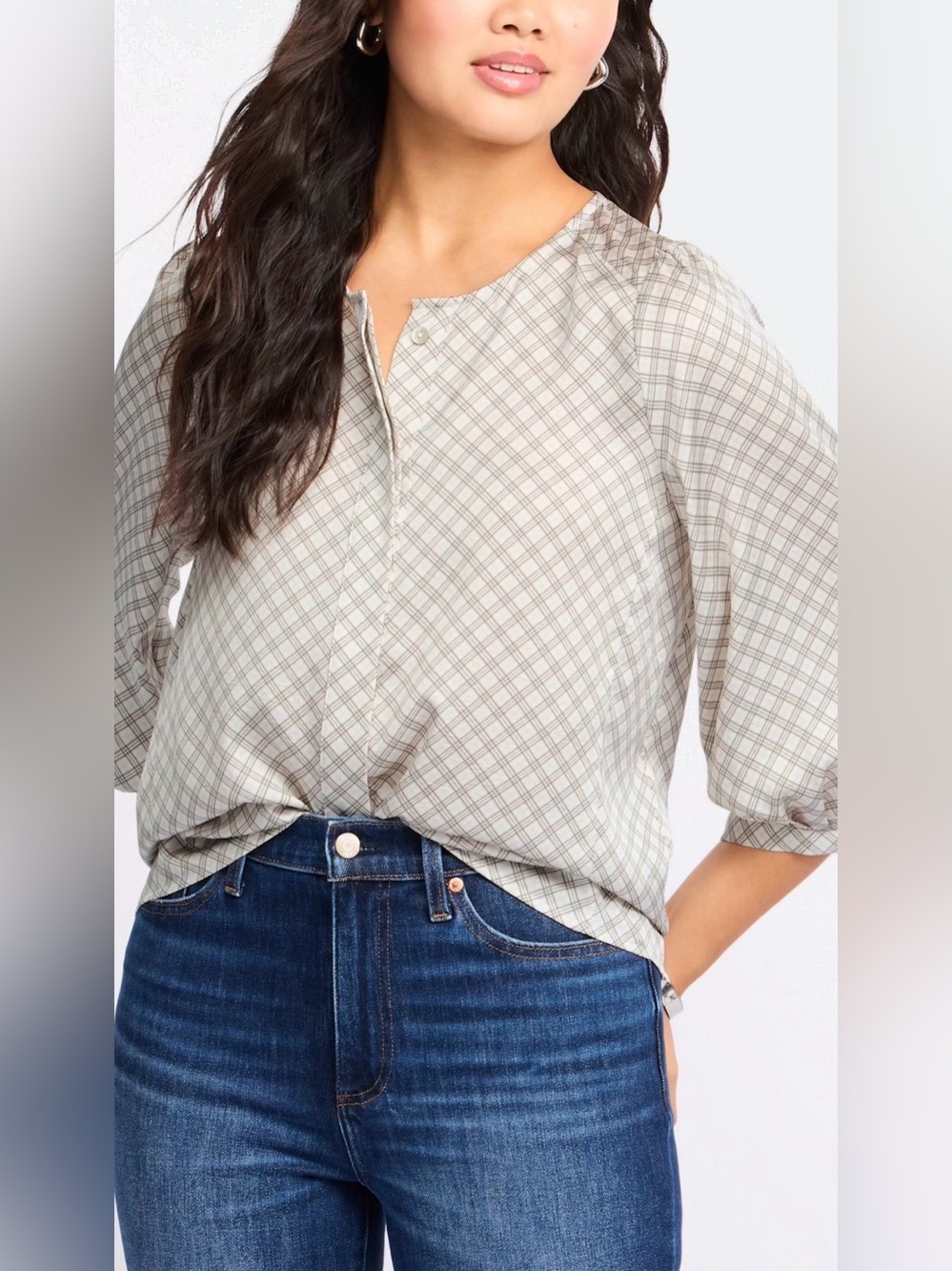 NWOT fun 2 fun Plaid Henley Blouse - Sage & Beige